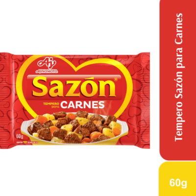 Pacote vermelho de tempero para carnes Sazón com texto e imagem de carne com legumes