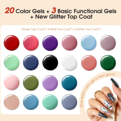 Conjunto de géis para unhas com várias cores e três top coats, com mão segurando frasco.