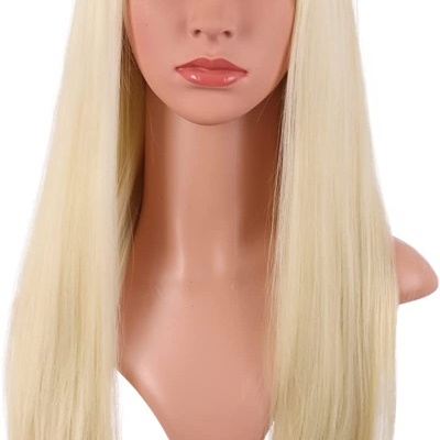 Cabeça manequim com peruca loira comprida e franja