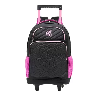 Mochila preta e rosa com carrinho extensível e bolsos