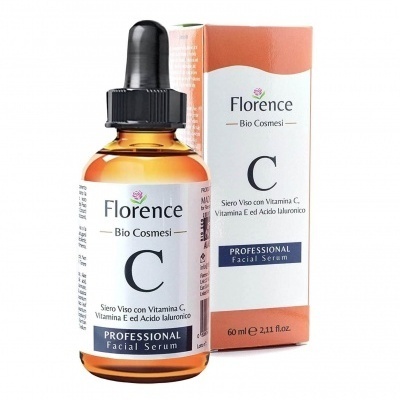 Serum facial Florence Bio Cosmesi com vitamina C e ácido hialurónico, frasco âmbar com conta-gotas