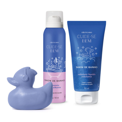Produtos O Boticário Cuide-se Bem Show de Banho: sabonete espumante, sabonete líquido esfoliante e borracha de banho em forma de pato lilás.