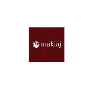 Logótipo do makiaj com fundo vermelho escuro e texto branco