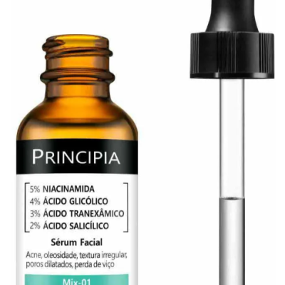 Frasco âmbar sérum facial com rótulo e pipeta preta