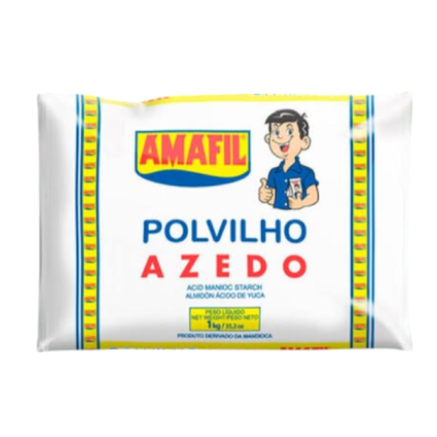 Pacote de polvilho azedo AMAFIL 500g em embalagem branca com amarelo e azul