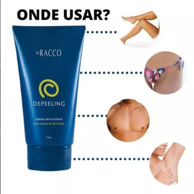Tubo azul de creme depilatório de Racco com indicações de uso nas pernas, virilha, peito e axilas