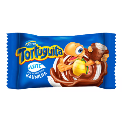 Embalagem azul de chocolate Tortuguita com tartaruga amarela e texto em português.