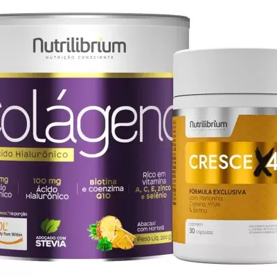 Suplementos Nutrilibrium Colágeno e Cresce X4 em embalagens roxa/branca e branca/dourada