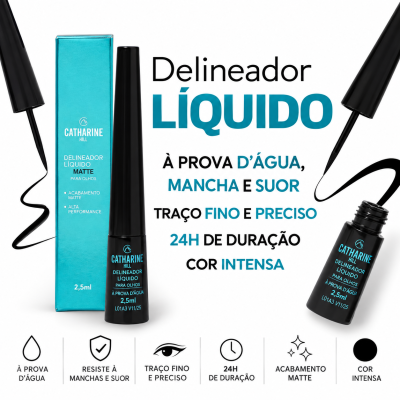 Delineador líquido matte CATHARINE HILL para olhos em embalagem azul e frasco preto com texto e pincel aplicador preto.
