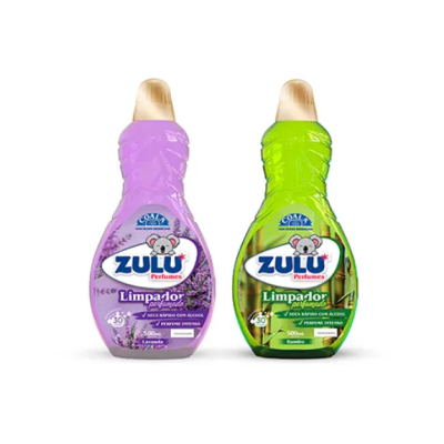 Dois frascos de limpador perfumado Zulu, roxo lavanda e verde bambu, 500ml com tampa dourada.