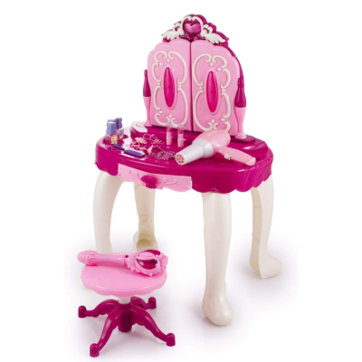 Móvel infantil rosa para penteadeira com espelho, cadeira e acessórios de plástico.