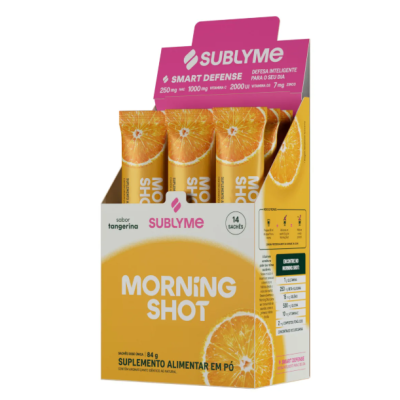 Embalagem de suplemento alimentar Morning Shot sabor tangerina da Sublyme com 14 sachês.