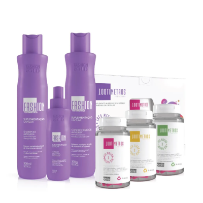 Conjunto de produtos de cuidado capilar e suplementos em embalagem lilás e branca
