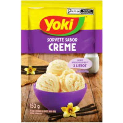 Embalagem do produto Yoki Sorvete Sabor Creme com tigela roxa e sorvete creme