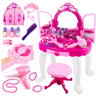 Conjunto de brinquedo penteadeira rosa com espelho e acessórios de cabelo