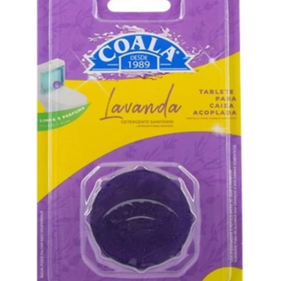 Tablete lavanda Coala para caixa sanitária, embalagem roxa e amarela
