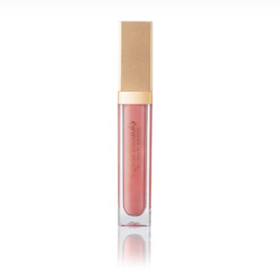 Gloss labial rosa nude com tampa bege em fundo branco