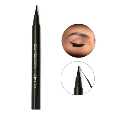 Caneta aplicadora preta PETRIZI Black Precision com ponta fina e imagens circulares demonstrando uso