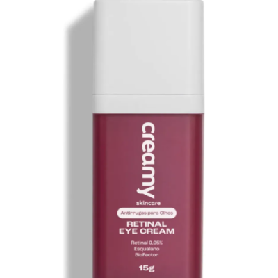 Frasco de creme para olhos bordô com tampa branca e texto branco