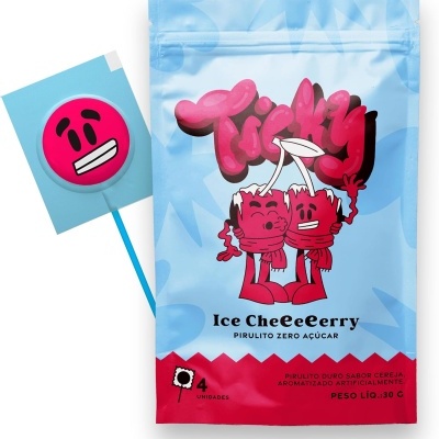 Pacote de pirulitos azul e vermelho com cerejas animadas e texto Ice Cheeeerrry.