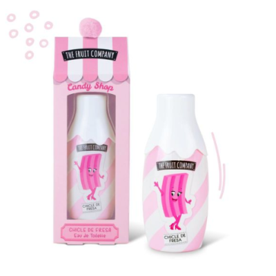 Frasco e embalagem rosa de Eau de Toilette The Fruit Company com ilustração de chiclete rosa e texto CHICLE DE FRESA