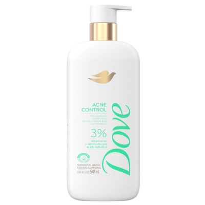 Frasco branco com doseador de sabonete líquido Dove Acne Control 3% ácido salicílico