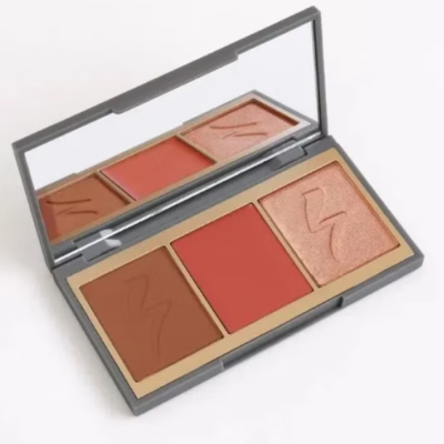 Paleta de maquilhagem cinza com três cores e espelho