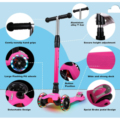 Patinete infantil cor de rosa com várias funcionalidades e descrição técnica