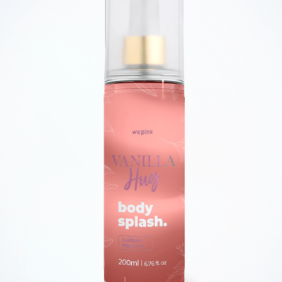 Frasco rosa de body splash Vanilla Hug com tampa transparente e aplicador dourado