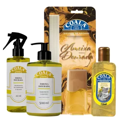 Produtos Coala Ameixa Dourada: spray, sabonete líquido, difusor de aromas e amaciante em embalagens amarelas e brancas