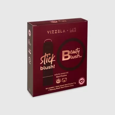 Embalagem vermelha de kit stick blush e beauty blush red mocha VIZZELA