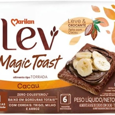 Embalagem de torradas Marilan Lev Magic Toast sabor cacau, 110g, 6 pacotes individuais
