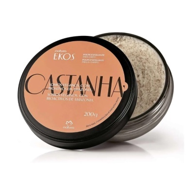 Frasco redondo transparente com tampa preta e rótulo castanho Natura Ekos Castanha