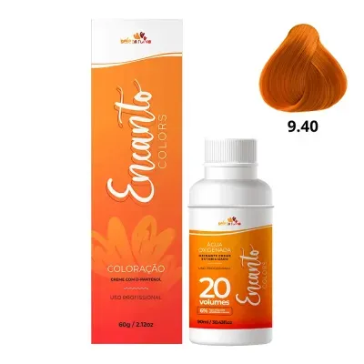 Coloração capilar Beleza Ruiva cor 9.40 com creme e água oxigenada 20 volumes em embalagem laranja e branca