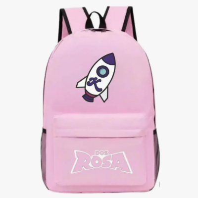 Mochila rosa com foguete azul e branco e bolso com texto IDOS ROSA
