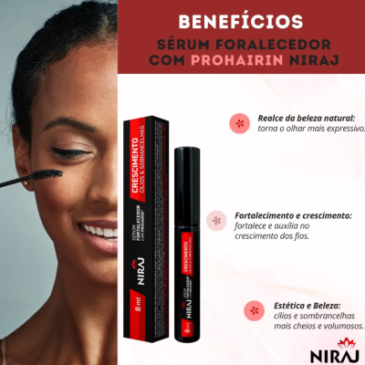 Sérum fortalecedor para cílios e sobrancelhas NIRAJ com embalagem preta e vermelha e rosto de mulher aplicando o produto