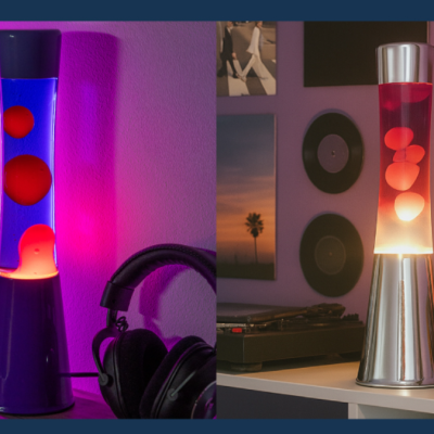 Dois candeeiros lava em ambientes interiores com auscultadores e discos vinil