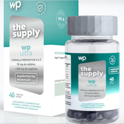 Frasco e caixa do suplemento alimentar the supply wp ultra com cápsulas pretas