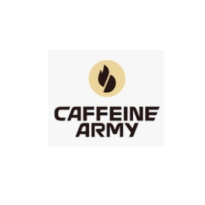 Logótipo CAFFEINE ARMY com símbolo abstrato em círculo bege