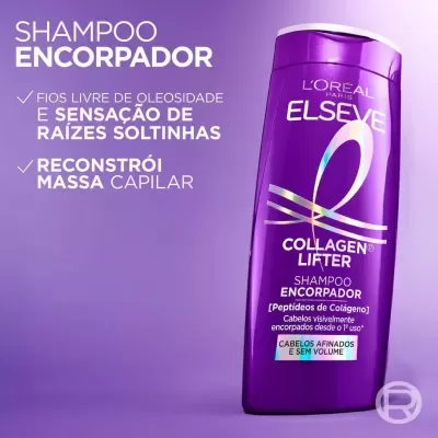 Frasco roxo de shampoo Elseve Collagen Lifter da LOréal Paris com texto promocional em português e fundo roxo.