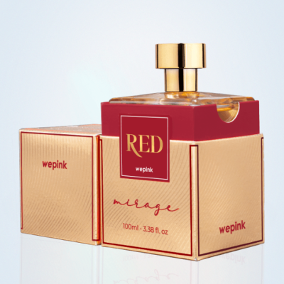 Frasco de perfume RED da marca wepink com embalagem dourada e vermelha