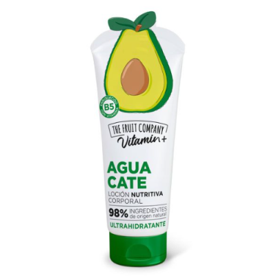 Tubo branco com tampa verde e ilustração de abacate com texto de loção nutritiva corporal
