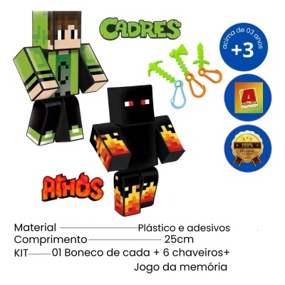 Figuras de brinquedo pixeladas e chaveiros coloridos sobre fundo branco com texto em português