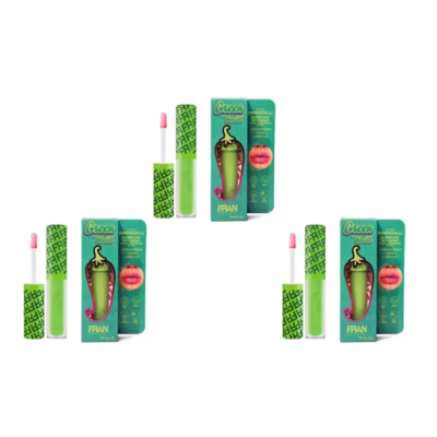 Gloss labial verde com embalagem verde e ilustração de malagueta