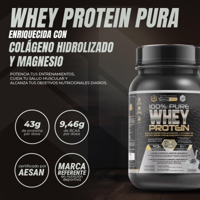 Embalagem preta de suplemento Whey Protein com texto informativo em branco e dourado