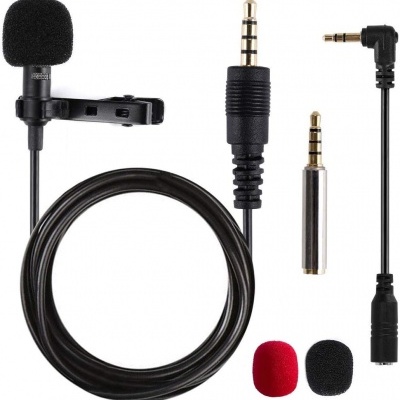 Microfone de lapela preto com cabo e acessórios