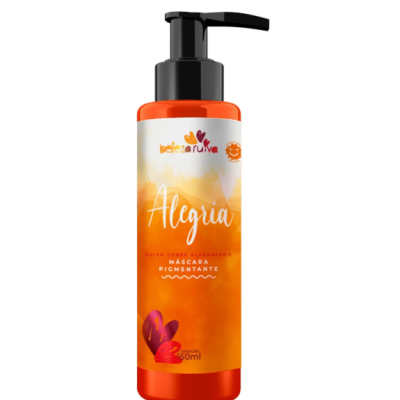 Frasco laranja com tampa preta e rótulo branco e laranja de máscara pigmentante Alegria