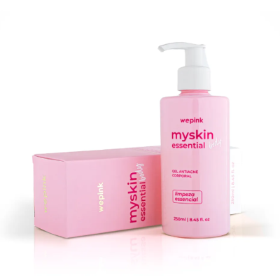 Frasco rosa com dispensador branco e caixa cor-de-rosa do gel corporal antiacne Myskin Essential