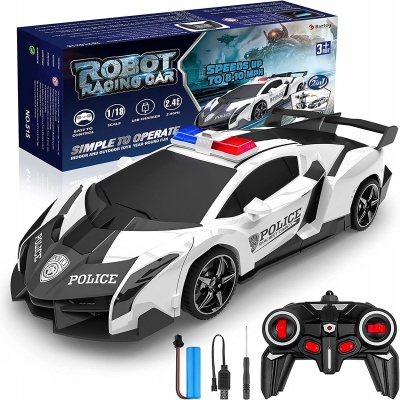 Carro de corrida robot polícia preto e branco com comando e acessórios
