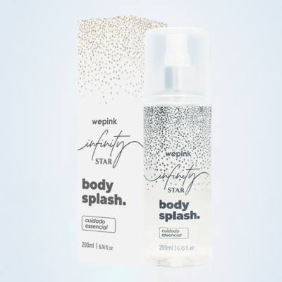 Frasco transparente com tampa branca de body splash wepink com embalagem branca ao lado